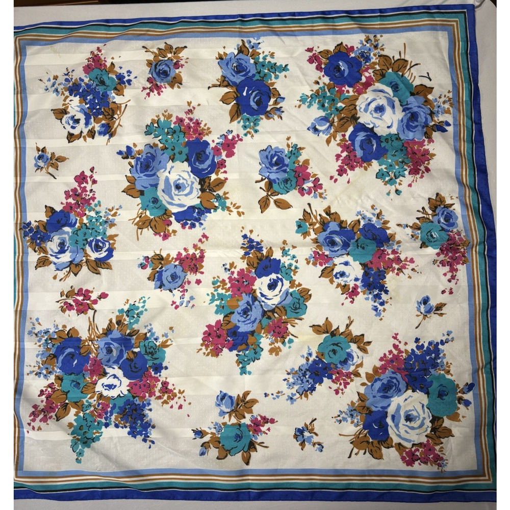 Vintage Blue Pink Floral Square Scarf BOHO Retro Feminine Dainty Bloomcore Fairy